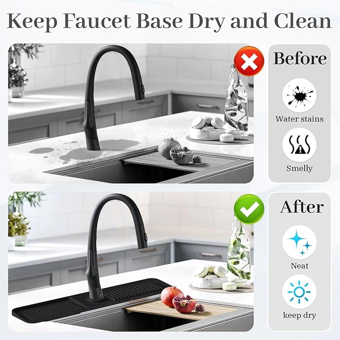 PoYang 24 Inch Faucet Mat for Kitchen Sink Splash Guard Behind Faucet, Sink Protectors for Kitchen Sink Faucet Mat Splash Guard for Kitchen Sink Area, Longer Silicone Faucet Guard Draining Mat, Black