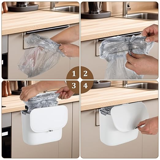 1.9 Gallon Under Counter Sink Waste Bin, Space Saving Hanging Kitchen Compost Bin with Lid Wall-Mounted Plastic Trash Garbage Can for Cabinet Door Cupboard Bathroom Office Home RV (White)