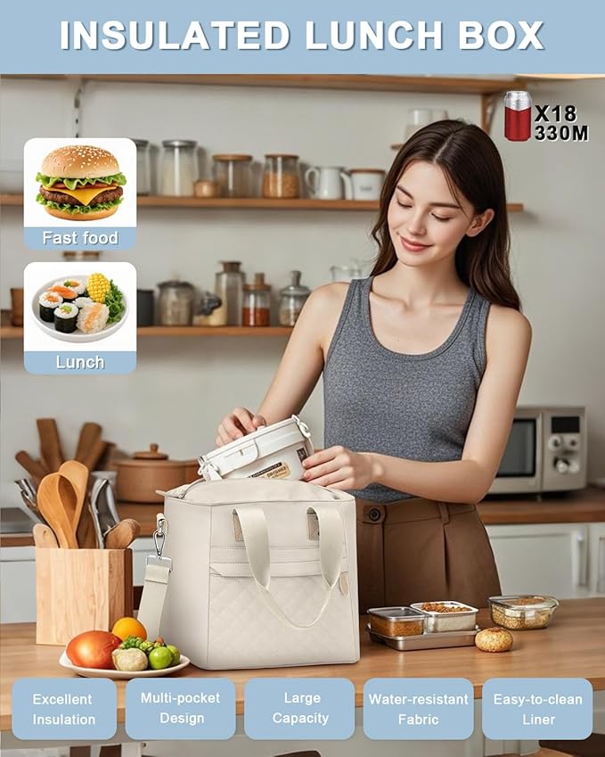 Insulated Lunch Box for Women & Men - Large Thermal Lunch Bag Women with Removable Shoulder Strap, Reusable Lunch Cooler Tote Bags Purse for Adults Work, Picnic, Hiking, Beach, Travel, Medium，White