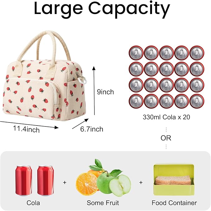 MAMONA Lunch Bag for Women Men Large Capacity Reusable Lunch Box Corduroy Insulated Cooler Tote Bags for Office Picnic