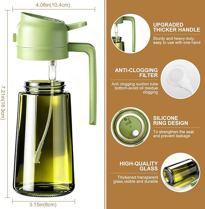 Poshetion 2 in 1 Olive Oil Sprayer for Cooking, 16oz Light-Proof Oil Dispenser for Kitchen, Leak-Proof Oil Spray Bottle for Air Fryer, Salad, BBQ, Baking, Grilling - Green