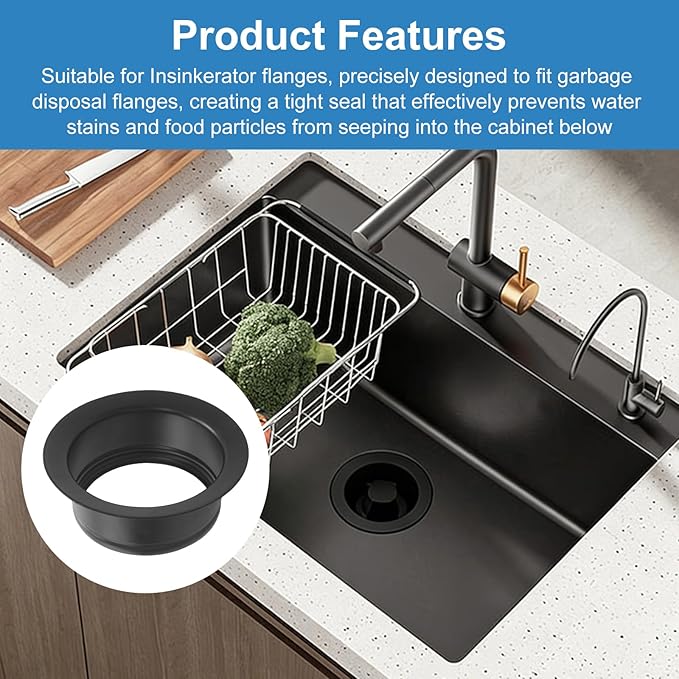 Black Garbage Disposal Sink Flange for InSinkErator, FLG-MTBLK Kitchen Sink Garbage Disposal, Garbage Disposal Stopper, 3-1/2 Inch Universal Stainless Steel Flange - 1 Pack