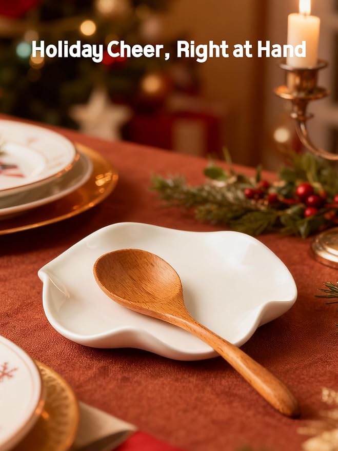 Cute Spoon Rest for Stove Top, Ceramic Spoon Holder for Kitchen Counter, 5.3 Inches Coffee Spoon Holder Utensil Rest for Kitchen Gadget Cooking Gift Housewarming Wedding,Kitchen Decor, White