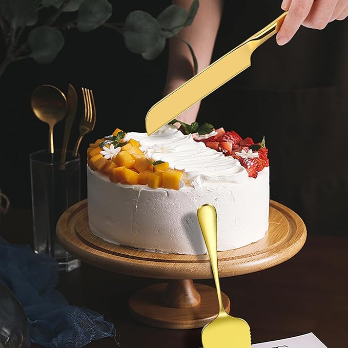 Wedding Cake Knife and Server Set,2Pcs Cake Cutting Set Gold Include Stainless Steel Cake Cutter And Cake Server Perfect For Wedding, Christmas, Birthday and Events,Dishwasher Safe
