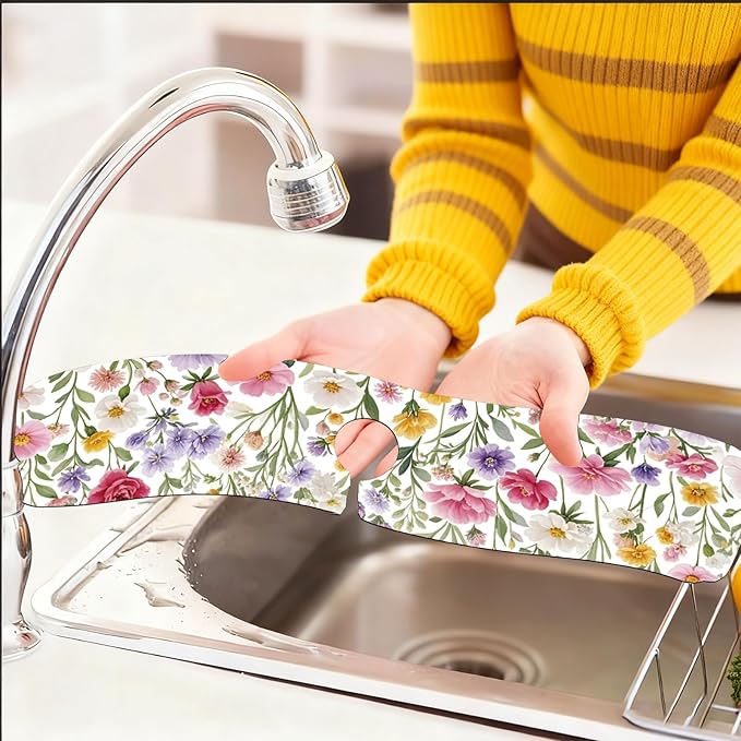 2 Pcs Kitchen Sink Splash Guard Faucet Mats Colorful Watercolor Flowers and Plants Pattern Faucet Mat for Sinks Absorbing Drying Mat for Kitchen Bathroom, 23.6x5.5inch