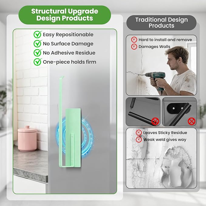 Paper Towel Holder, Magnetic Paper Towel Holder for Fridge, Toilet Paper Roll Holder Magnet Towel Rack Wall Mount Fridge Organizer for Paper Towels Rolls Bathroom Pantry RV Kitchen Storage Green