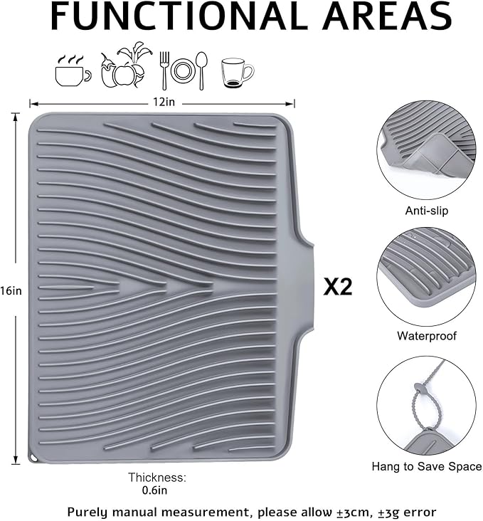 Silicone Dish Drying Mat, Stone Drying Mat for Kitchen Counter with Built-In Drain, Non-Slip Drain Pad with Built-in Drain, Heat Resistant Stone Drying Mat, Hangable, Grey-2pcs, 16" x 12"