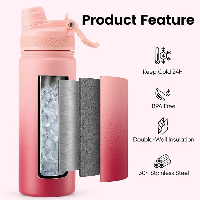 Fijinhom 18 oz Insulated Water Bottle, 2-in-1 Straw and Spout Lid Stainless Steel Thermos, Leak-Proof, Double Wall Vacuum Flask, Keep Cold 24H for Outdoor, Sports, Travel, School (Red Gradient)