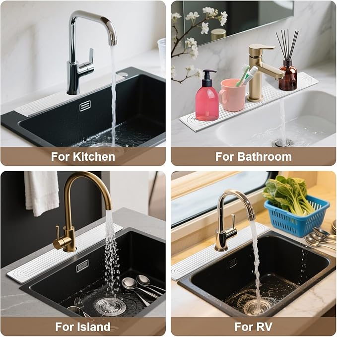 Stone Faucet Mat for Kitchen Sink, Absorbent Faucet Mat Quick Dry Stone Mat Kitchen Sink Protectors, Diatomaceous Earth Faucet Splash Guard Stone Sink Tray Pad for Bathroom Counter RV, White 24"x4"