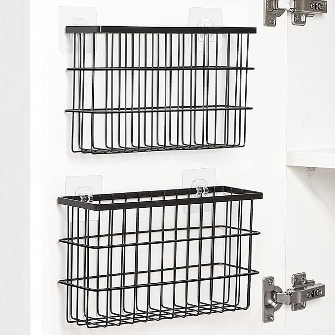 2 Pack Cabinet Door Organizer,Self Adhesive Lid Organizers Inside Cabinet Storage Boxes,Hanging Storage Basket Organizer Wall Mounted Pantry Caddy Cup Holder for Kitchen,Fridge,Bathroom (Black)