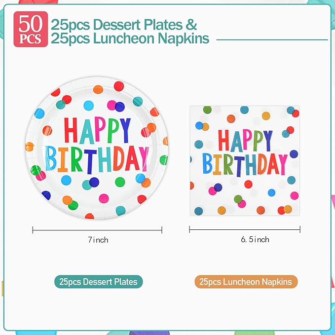 50PCS Birthday Plates and Napkins Party Decorations, 7inch Colorful Dots Happy Birthday Dessert Plates Cake Plate Disposable Paper Tableware Dinnerware Set for Birthday's Party Supplies