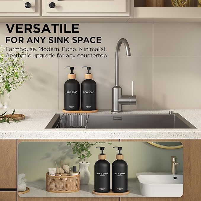 Hand and Dish Soap Dispenser Set,16oz Glass Bottles with Bamboo Pumps & Tray,Countertop Soap Dispensers for Kitchen,Luxury, Minimalist & Farmhouse Decor