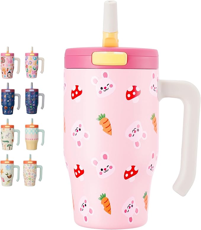 Fijinhom 18 oz Toddler Tumbler with Handle, Stainless Steel Insulated Water Bottle Coffee Mug with Straw, Toddler Cups, Kids Water Bottle for School, Sports, Travel, Pink Bunny