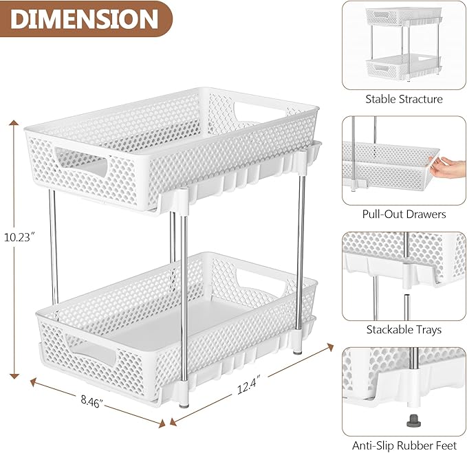 DABIGE 4 Pack Pull Out Bathroom Organizers and Storage, 2 Tier Stackable Under Sink Storage Organizer for Bathroom, Kitchen Cabinet, Pantry, and Medicine Holder, Organization and Storage - White