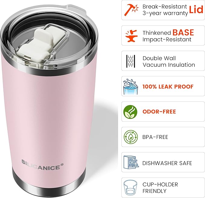 20oz Hygienic Insulated Tumbler — 100% Leakproof Lid with Removable Spout & Straw, Reinforced Vacuum-Protection Base, Cup Holder Friendly, for Iced Coffee, Smoothie/Water on the Go - Pink Sand