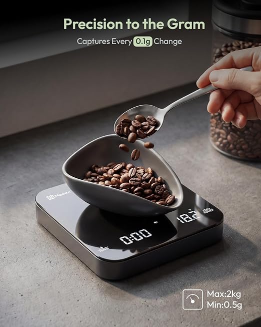 Maestri House Mini Coffee Scale with Timer, USB-C Rechargeable Espresso Scale, 2kg/0.1g Accurate Scale for Espresso and Pour-Over Coffee, Portable Digital Kitchen Scale with Auto Timer (Black&Silver)