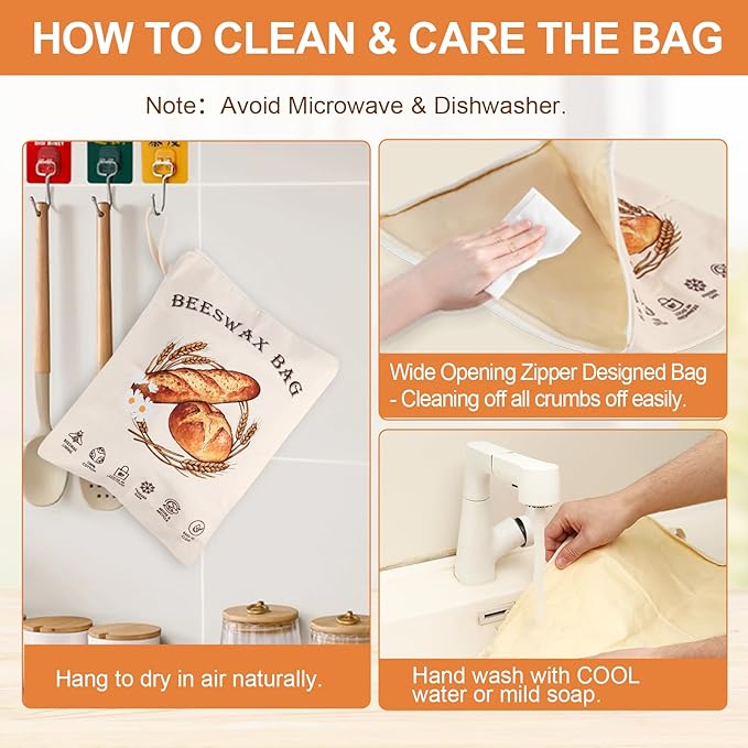 2 Pack Reusable Beeswax Bread Bags for Sourdough, Cotton Bread Bag with Wide Zipper Opening & Handle, XL Bread Bags for Homemade Bread, Keeps Bread Fresh Longer