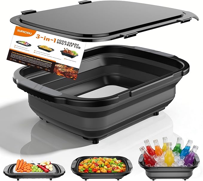 Collapsible BBQ Prep Tubs with Titanium Cutting Board, Large-Capacity（5.3Gal/20L）Barbecue Utensils, with Locking Lid, Strong Sealing and Leak-Proof Design. Suitable for Kitchen and Outdoor.