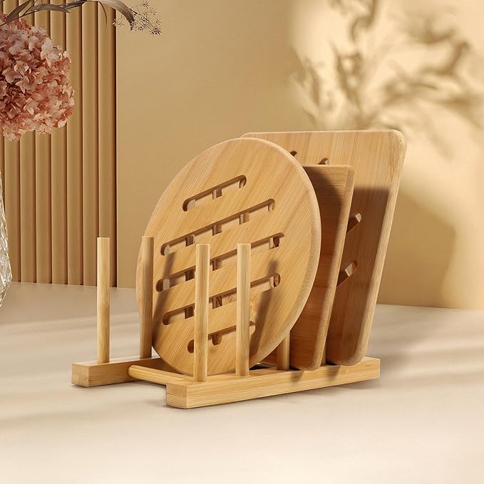 SAMEBUTECO 2-Pack Bamboo Kitchen Rack with 4 Slots and 5 Connector Pegs – Vertical Organizer for Plates, Pots, Lids, Bowls & Cutting Boards – Durable Wooden Dish Holder with Spare Pegs & Gift Box