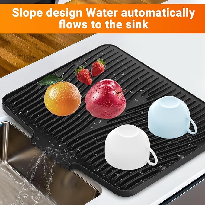 Silicone Dish Drying Mat for Kitchen Counter, Non-Slip Drain Pad, Dish Drying Pad, Easy to Clean Dish Rack Pad, Multi-Use as Heat Resistant Trivet, 19.7" x 17" , Black
