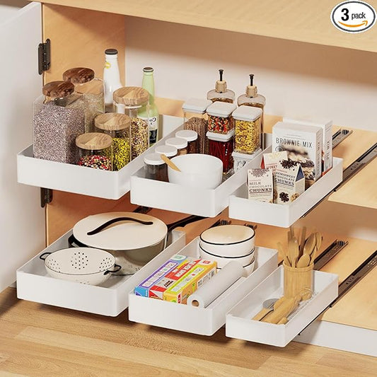 Creahaus 3 Pack Pull Out Drawers for Cabinets with Metal Slides, Easy to Install Cabinet Roll Out Shelves, Smooth Slide Out Drawers for Kitchen Cabinets with Nano Adhesive