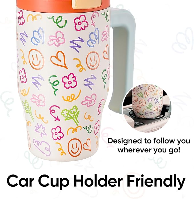 Fijinhom 18 oz Toddler Tumbler with Handle, Stainless Steel Insulated Water Bottle Coffee Mug with Straw, Toddler Cups, Kids Water Bottle for School, Sports, Travel, Creamy Scribs