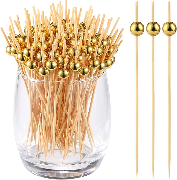 1000 Pcs Cocktail Picks, Gold Plastic Ball Decor Skewer for Appetizers, Fruit, Kebabs, Mini Burger, Bamboo Skewers for Drinks, Handheld Toothpicks, Food Sticks Natural, Kitchen Gadget