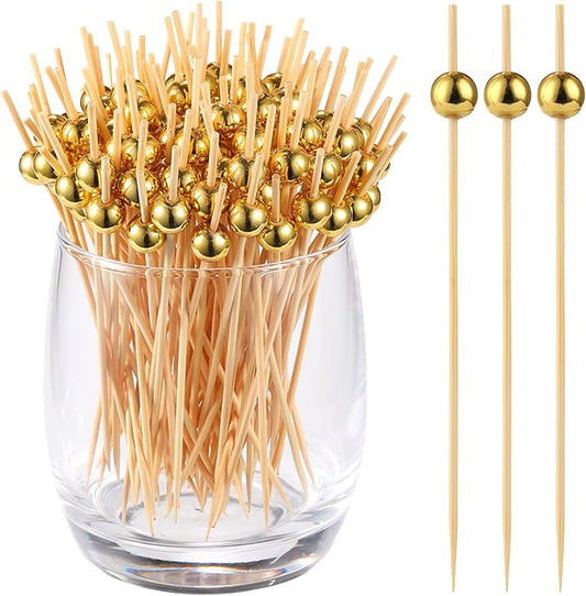 1000 Pcs Cocktail Picks, Gold Plastic Ball Decor Skewer for Appetizers, Fruit, Kebabs, Mini Burger, Bamboo Skewers for Drinks, Handheld Toothpicks, Food Sticks Natural, Kitchen Gadget