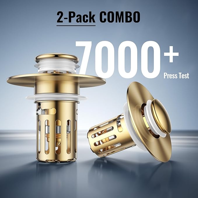 (2 Pc) Bathroom Sink Stopper-All Metal Sink Stopper-Universal Fit 99% Bathroom Stopper with Removable Stainless Steel Hair Catcher- Basin (1.1'' to 2.36'' inch) - Golden