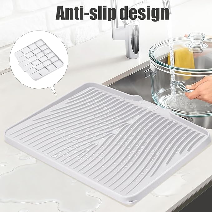 Silicone Dish Drying Mat, Large Dish Kitchen Drying Mat, White Heat Resistant Dish Drying Pad for Kitchen Counter with Built-in Drain (20" x 15")