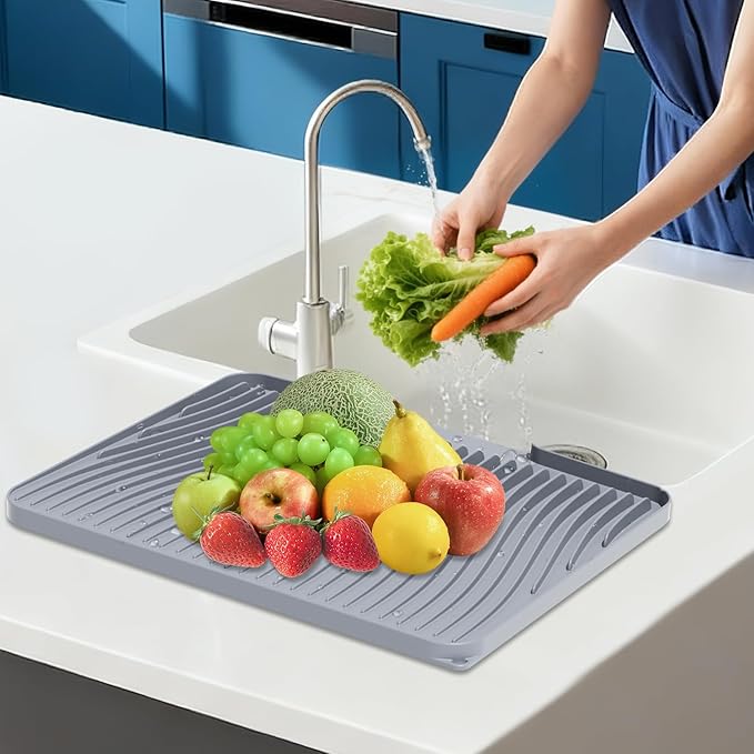 Silicone Dish Drying Mat for Kitchen Counter, Non-Slip Drain Pad, Dish Drying Pad, Easy to Clean Dish Rack Pad, Multi-Use as Heat Resistant Trivet, 19.7" x 17" , Grey