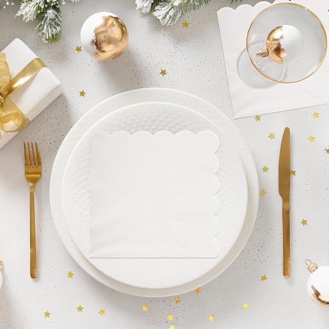 100 Pcs Cocktail Napkins, 2-Ply 5 x 5 Inches Disposable Scalloped Napkins, Thick Premium Dessert Napkins for Party, Wedding, Dinner, Birthday, Anniversary, Festival (White)