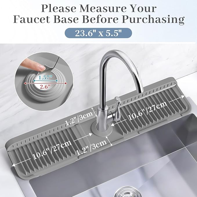 PoYang 24 inch Faucet Mat for Kitchen Sink Splash Guard, 7° Slope Silicone Sink Water Splash Guard for Kitchen Sink Area with Snap Button, Longer Sink Protectors for kitchen Sink Sponge Holder, Grey