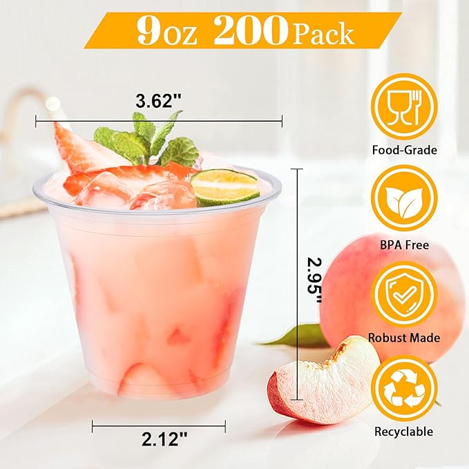 Clawsoff 200 Pack 9 oz Clear Plastic Cups, Disposable Parfait Cups No Lids, Fruit Cup, Clear PET Cup for Dessert, Cold Drink, Ice Cream, Salad