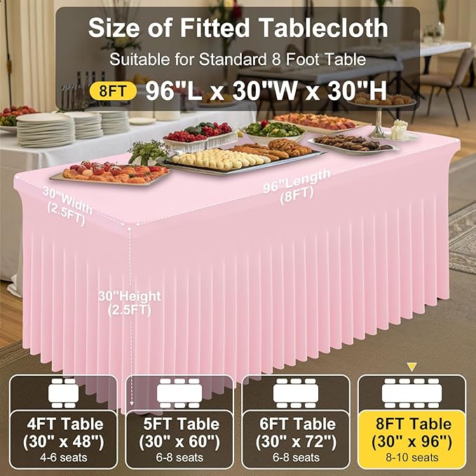 Smiry Spandex Tablecloth 2 Pack, Elastic Fitted Stretch Tablecloth for 8FT Rectangle Tables, Waterproof Washable Table Cover Skirt for Wedding, Banquet & Parties (Pink, 96Lx30Wx30H Inch)