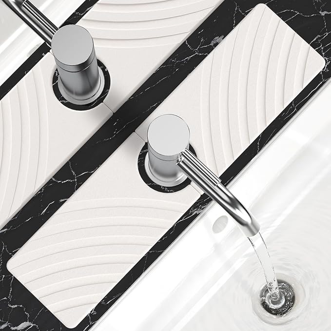 Stone Faucet Mat for Kitchen Sink - Fast Drying Diatomite Stone Drying Mat, Textured Drainage Sink Protector, Water Splash Guard with Base Pads for Bathroom Counter (15.7x4 in, White)