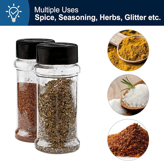 3 Oz Spice Bottles Plastic Small Seasoning Containers, 6 Pcs Clear Plastic Spice Jars with Shaker Lids Empty for Spice & Herbs, Powders, Glitters, BPA Free | Heavy Duty | Wide Mouth | Dual Flaps