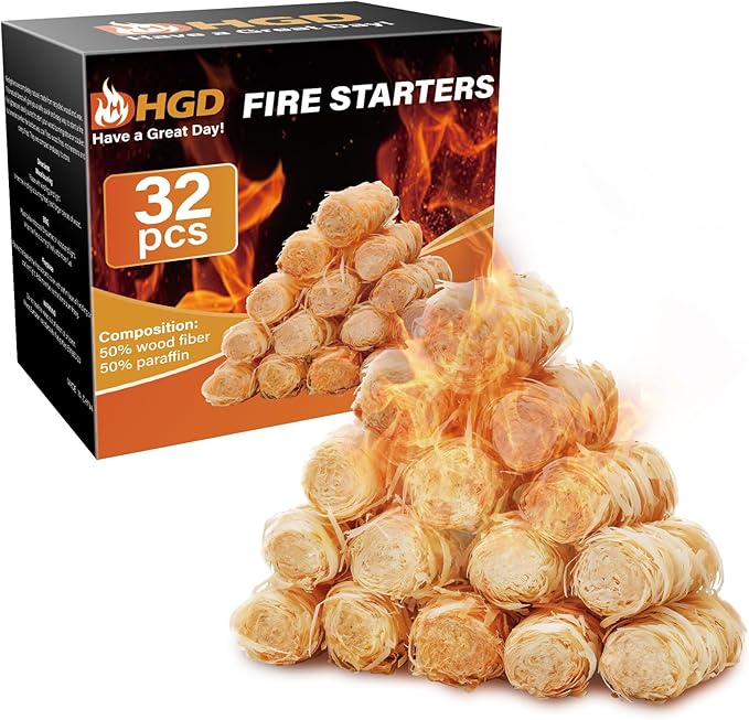 HGD Natural Fire Starters (32 Pcs) - Waterproof & Odorless Charcoal Starters for Fireplace, Campfire, BBQ, Grill, Fire Pit, Wood & Pellet Stove, Chimney, Pizza Oven & Smoker - Indoor & Outdoor Use