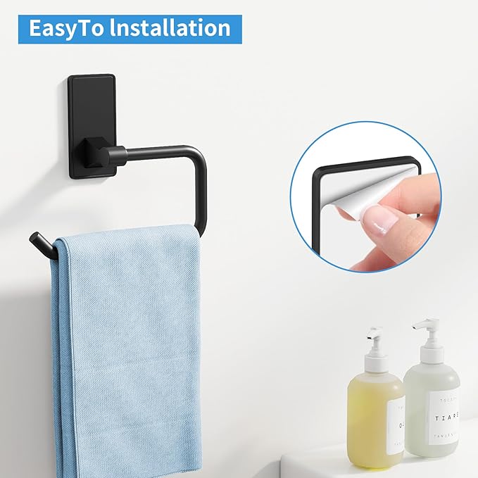 Towel Ring, Bathroom Hand Towel Holder,Metal Towel Hangers Wall-Mounted Hand Towel Rack for Bathroom, Easy to Adhesive, Matte Black