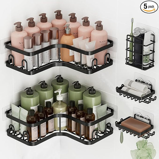 Veken Corner Shower Caddy 5-Pack, Advanced Rustproof Design, No Drilling Adhesive Shelves, Rack with Soap Holder, Large Capacity Bathroom Organizers and Storage, Wall-Mounted Kitchen&Home Decor,Black