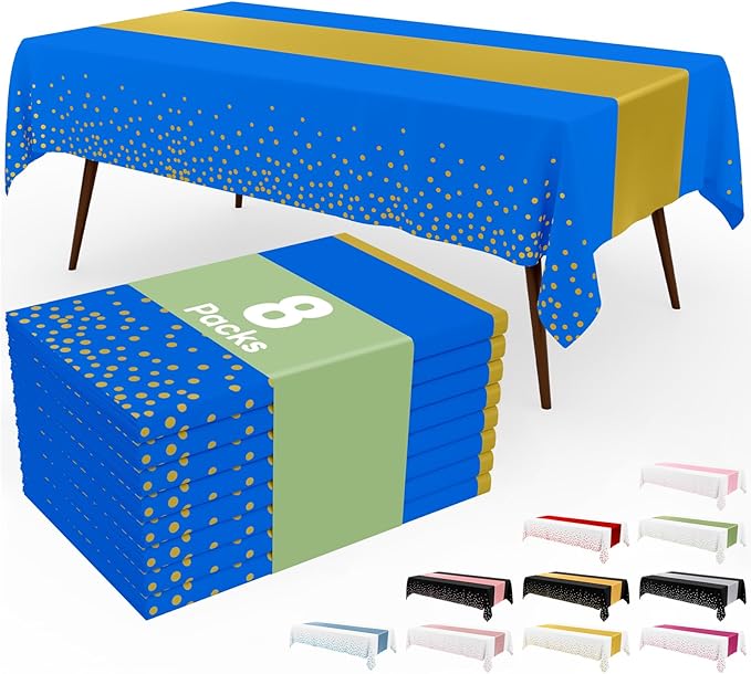 Smiry Plastic Table Cloth Disposable 8 Pack, 54 x 108 Inch Rectangle Waterproof Tablecloth, Printed Gold Table Runner Style for Birthday Weeding, Party Decorations, Leakproof & Sturdy, Blue and Gold