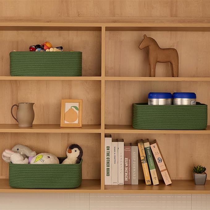 MiniArk Large Shallow Organizing Baskets 15x11x5.1 Inches - Rope Woven Storage Bins for Bathroom, Shelves, Cube Closet, Green 3 Packs