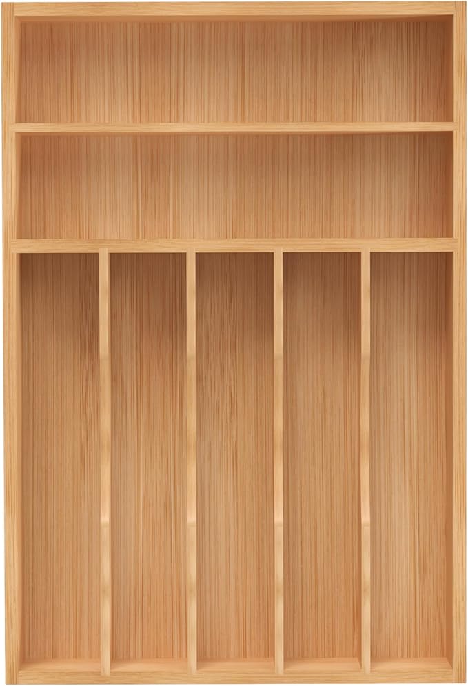 Silverware Organizer, Bamboo Kitchen Drawer Organizer, Utensil Holder, Cutlery Tray & Spoon Flatware Storage with Grooved Drawer Dividers (11''W x 16''D)