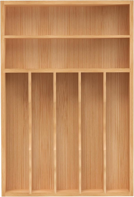 Silverware Organizer, Bamboo Kitchen Drawer Organizer, Utensil Holder, Cutlery Tray & Spoon Flatware Storage with Grooved Drawer Dividers (11''W x 16''D)
