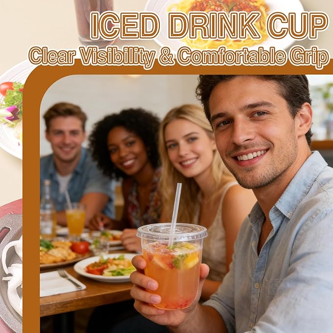 Alaeseje 100 Pack Clear Plastic Cups with Lids and Straws,12 oz Disposable Iced Coffee Cups,PET Crystal Cups,Round Bottom To Go Cup for Iced Coffee Juice Smoothie Cold Beverage