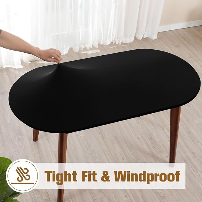 NEWISHER Fitted Oval Tablecloth 48 x 68 Inch Elastic Table Cloth, Stretch Spandex Table Cover Black Washable Polyester Top Cap Cover for Dining Picnic Camping Indoor and Outdoor