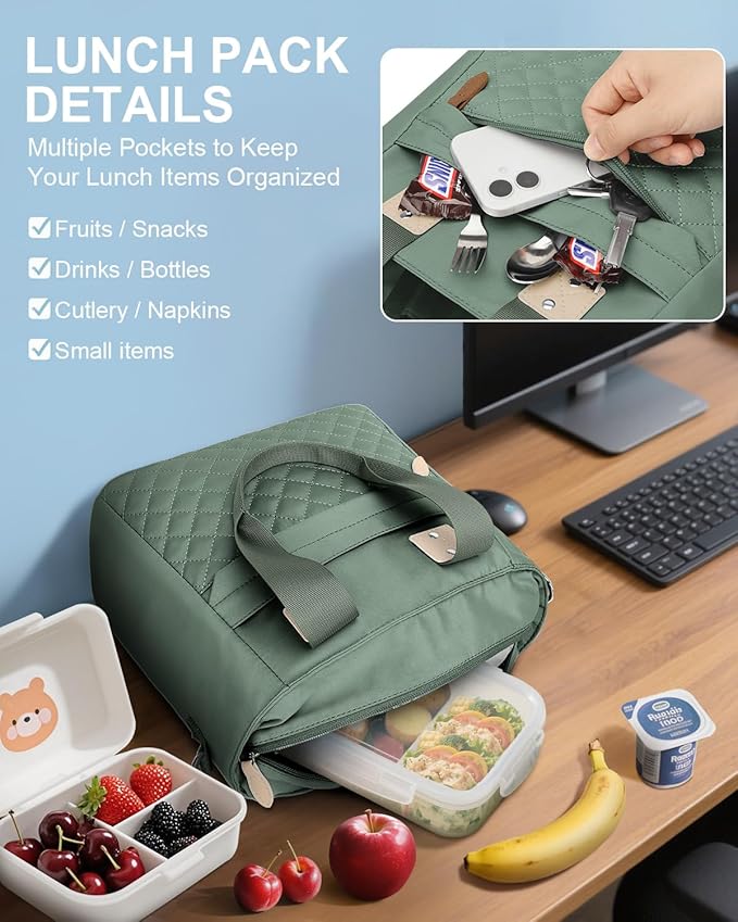 Capolo Insulated Lunch Box for School - Large Thermal Lunch Bag Women with Removable Shoulder Strap, Reusable Lunch Cooler Tote Bags Purse for Adults Work, Picnic, Hiking, Beach, Travel, MediumGreen