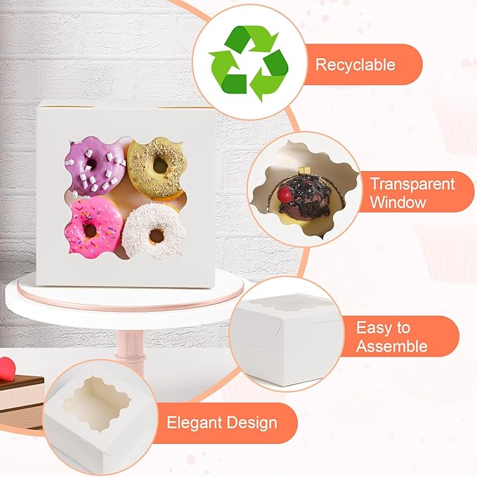 12 Pcs Cookie Boxes with Window, 6x6x3 Inches White Bakery Boxes, Treat Boxes with 50 Pcs Cookie Bags and 12 Pcs Stickers, for Dessert Pastry Chocolate Strawberries Macarons Donut Cupcake