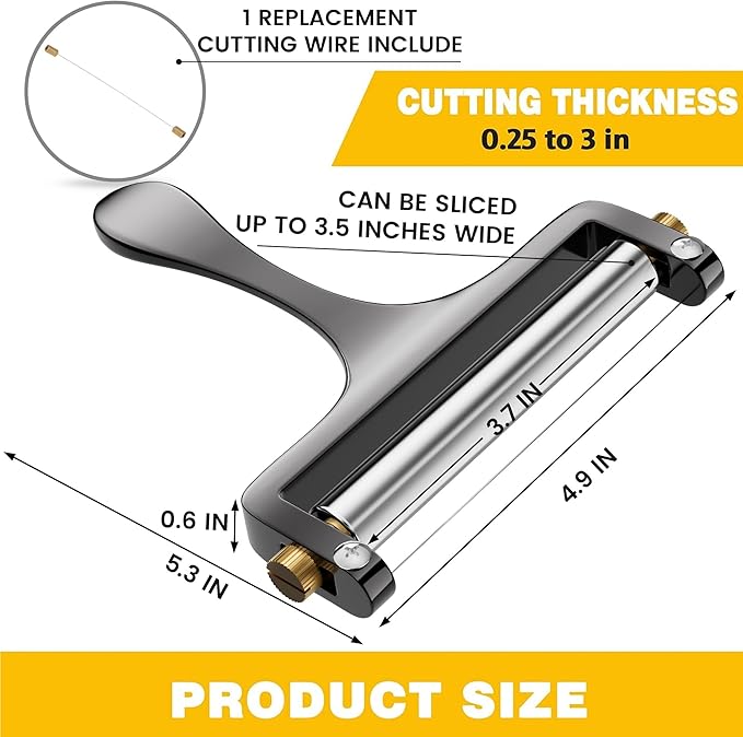 TOPULORS Cheese Slicer Cheese Cutter Stainless Steel Wire Cheese Slicer for Mozzarella, Cheddar, Gouda, And More Block Cheese - Heavy Duty Slicer With 1 Extra Replacement Cutting Wire - Gunmetal Gray