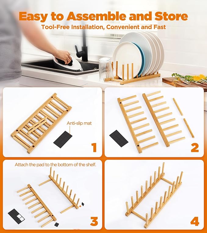 Bamboo Dish Drying Rack, 2 Pack Wooden Storage Holder Organizer for Plate/Bowl/Cup/Book/Pot/Lid/Cutting Board Drying Rack Stand Holder